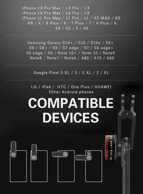 Phone Camera Lens, Clip on Cell HD Fisheye Lens Kit, 235° Fisheye Lens for Most iPhone Android Samsung Phones