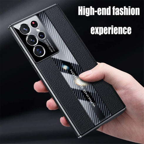 Samsung Galaxy S22 Ultra Case 5G, Luxury TPU Carbon Fiber & Leather Back Cover, Shockproof Red