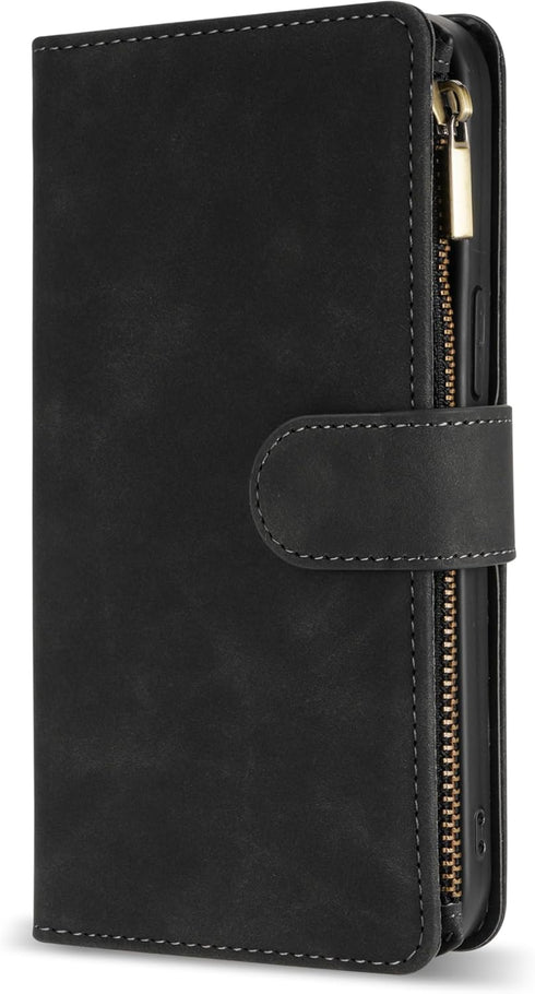 ZZXX Wallet Case for Samsung Galaxy S22 Ultra, Premium Soft PU Leather Zipper Flip Folio with Card Slot, Black