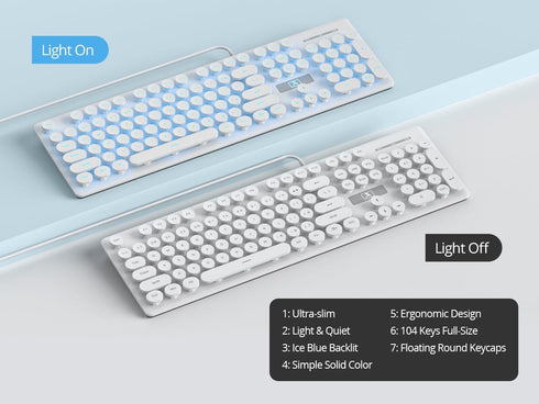 iRoboosta 104 Retro Typewriter White Keyboard Full Size, Keys LED Backlit Wired Membrane Keyboard with Number Pad