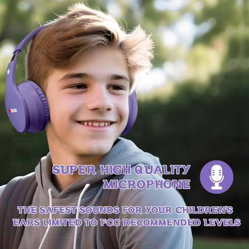 Kids Headphones Bluetooth 5.3 Wireless 60H Play Time Volume Limit 85/110dB Over Ear Foldable Protection Headset/Wired AUX Cord Mic for Boy Girl Travel School Phone Pad Tablet Light Purple