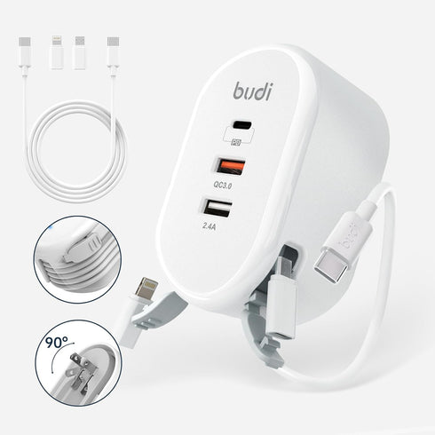 Budi 38W 3-Port USB Wall Charger, Multifunctional Built-in USB Cable Fast Charger for iPhone/Tablet/Samsung