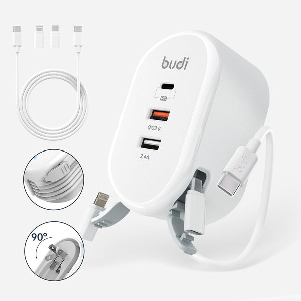 Budi 38W 3-Port USB Wall Charger, Multifunctional Built-in USB Cable Fast Charger for iPhone/Tablet/Samsung