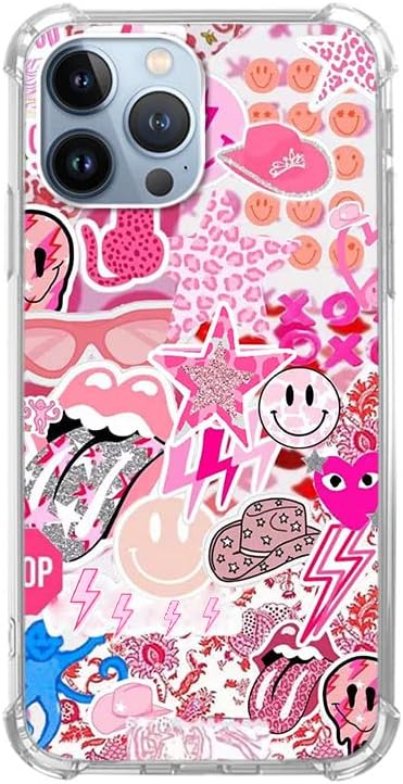Hippie Pink Aesthetic Case for iPhone 14 Pro Max, Vintage Pink Smile Face Collage, Cool Trendy TPU Bumper Cover