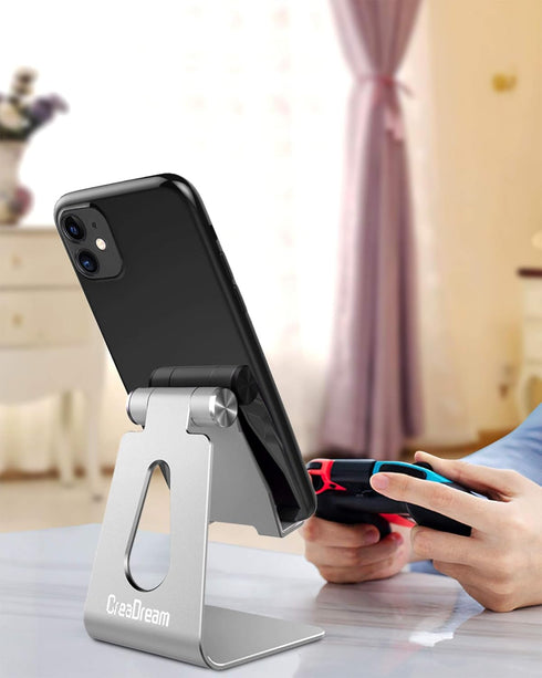 CreaDream Adjustable Phone Stand, Aluminum Desktop Holder, Compatible with iPhone Xs Max Xr 8 7 6 6s Plus SE, Silver