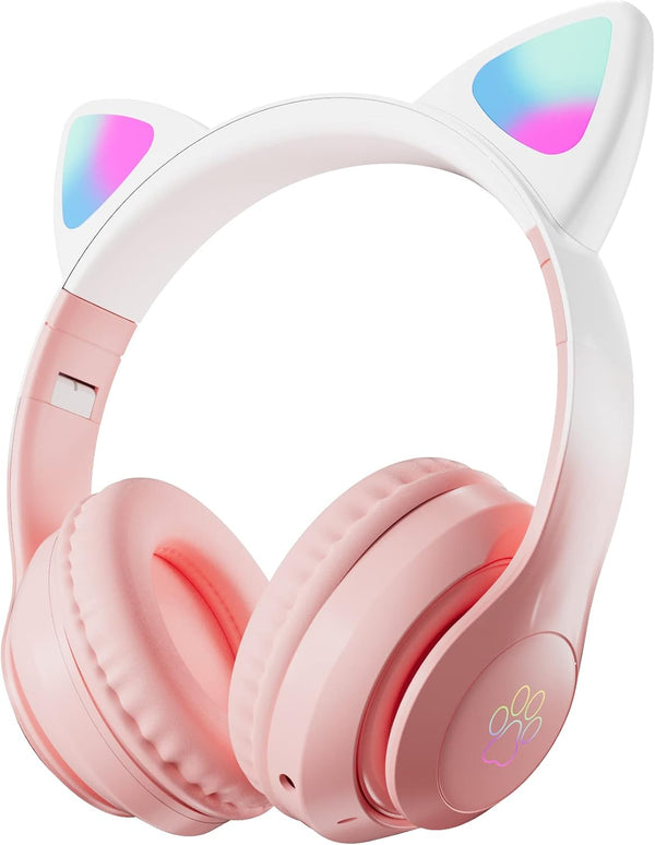 Kids Bluetooth Headphones, Wireless Over-Ear Headphones with Microphone, Cat Ear Design for Girls, Teens, Adults (New