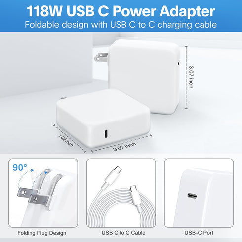 MacBook Pro Charger - 118W USB C Fast Power Adapter for MacBook Pro/Air 16 15 14 13 Inch, iPad Pro, 6.6ft Cable
