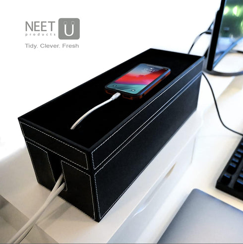 NEET Large Cable Management Box, Computer Cord Organizer to Hide and Conceal Power Cables for Desks, Black Stitched