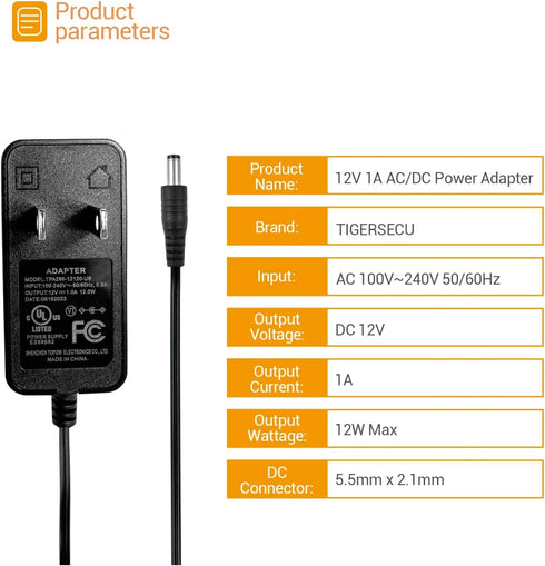 TIGERSECU UL Certified Security Camera Power Adapter, 12V 1A 100V-240V, 2.1x5.5mm Power Supply, Compatible with Lorex,