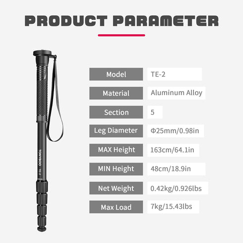 TONYBOO 65 5-Section 40 lbs TE-2 Aluminum Camera Monopod,Lightweight & Portable, Travel Monopod, Max Load
