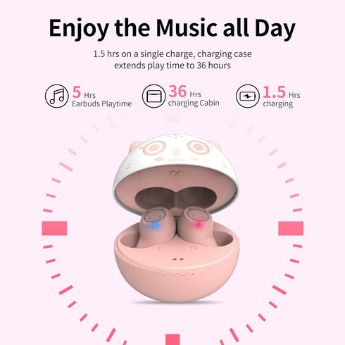 Kids Wireless Earbuds TWS Bluetooth 5.3 Headphones with Touch Control, Pink Kitty Wireless Charging Case, IPX5