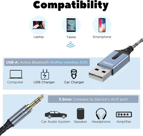LOKUKA 5.3 3.5mm 8-Strand Bluetooth to Aux Adapter for Car or Speaker, Bluetooth Receiver with Single Crystal Copper