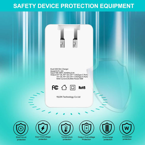 Ultrathin Charging Adapter 2-Port PD Charger 18W Fast Charging QC3.0 USB-C for iPhone 11/12/Pro Max, Galaxy