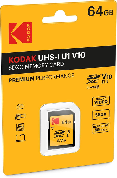 KODAK Premium Memory Card 64GB, 85MBs Read Speed, 25MBs Write Speed for Full HD Video and High-Resolution Pictures, Compatible with SDHC and SDXC Standards - EKMSD64GXC10K