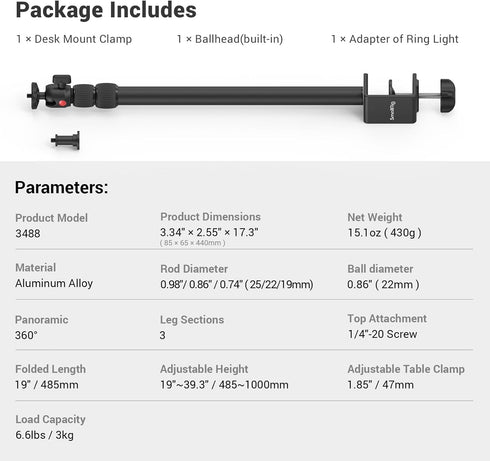SmallRig Camera Desk Mount Table Stand, Adjustable Light Stand 15"-35", Tabletop C Clamp for DSLR, Live Streaming