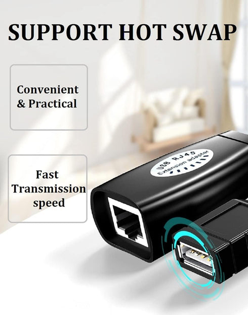 USB Extender Over RJ45 Cat 6/5/5e Adapter, RJ45 Ethernet Splitter to USB Extension up to 50m/164ft