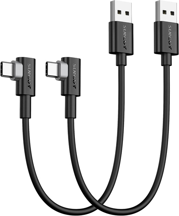 SUNGUY 1FT USB C 90 Degree Cable 2-Pack, Fast Charge & Sync Cord for Samsung Galaxy S20, S10, Note 20, Moto G7/G8.