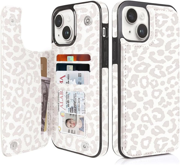 uCOLOR Wallet Case for iPhone 15 Plus 6.7", Card Holder Slot, PU Leather Flip Cover with RFID Blocking (Beige Leopard)