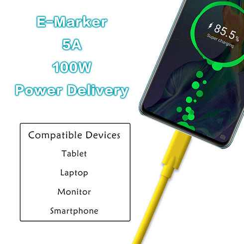 USB C to USB C 3.1 Gen 2 Cable, 100W PD, 10Gbps Data Transfer, 5A Fast Charging, Yellow, 3.3Ft