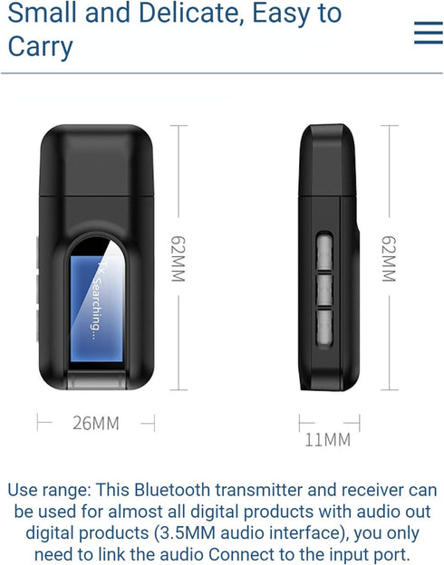 Bluetooth 5.0 Transmitter Receiver, 2 in 1 USB Portable Audio Adapter with LCD Display, Bluetooth AUX Dongle