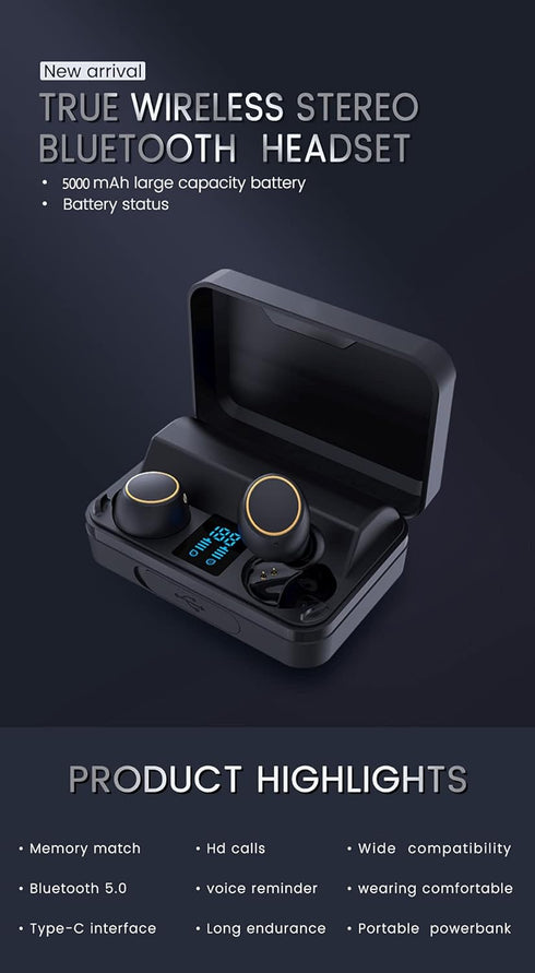 HayKee Wireless Earbuds, Bluetooth 5.0 TWS Stereo HiFi Headphones with 5000mAh Charging Case