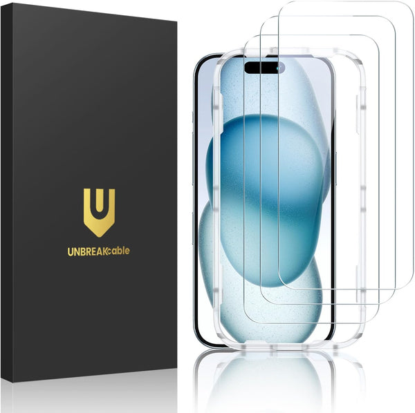 UNBREAKcable 3-Pack iPhone 15 Screen Protector, 9H Hardness, Shatterproof, HD Clear, Case Friendly, Easy Install Frame.