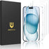UNBREAKcable 3-Pack iPhone 15 Screen Protector, 9H Hardness, Shatterproof, HD Clear, Case Friendly, Easy Install Frame.