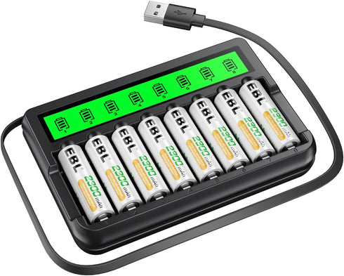 EBL Rechargeable AA Batteries 8 Pack and Battery Charger with Built-in Charging Cable,
