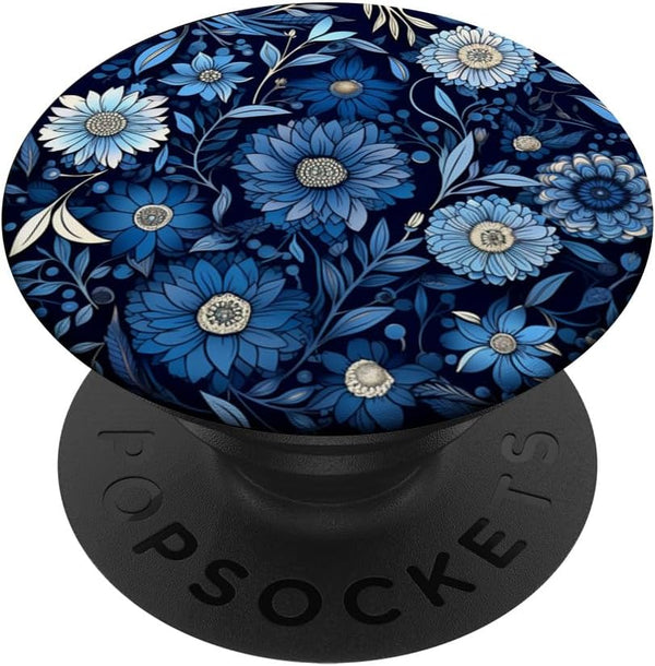 Navy Blue and Light Blue Floral Print PopSockets Standard PopGrip