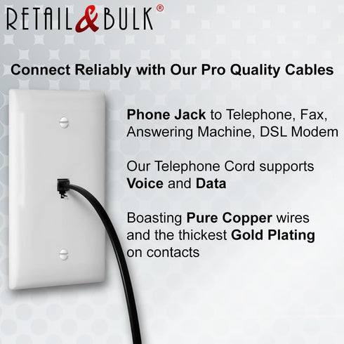 (2 Pack) 6 Inch Telephone Cord, Professional Grade, 6P4C Male RJ11 Plugs, Pure Copper Wire (Black)