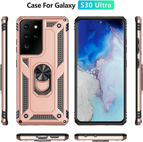 Military Grade Drop Impact Case for Samsung Galaxy S21 Ultra, Metal Rotating Ring Kickstand Holder, Heavy Duty