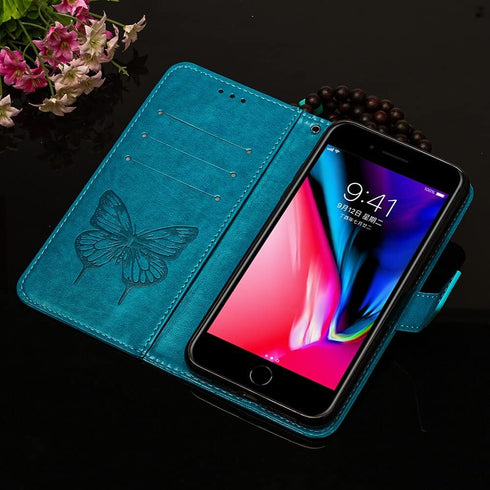 iPhone 7/8 Plus Wallet Case, Butterfly Floral Embossed, Card Holder Slots, Stand Leather Protective Flip Cover (Blue)