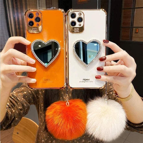 Luxurious Bling Heart-Shaped Makeup Mirror Mobile Phone Case for iPhone 14 (14 Pro, Black)