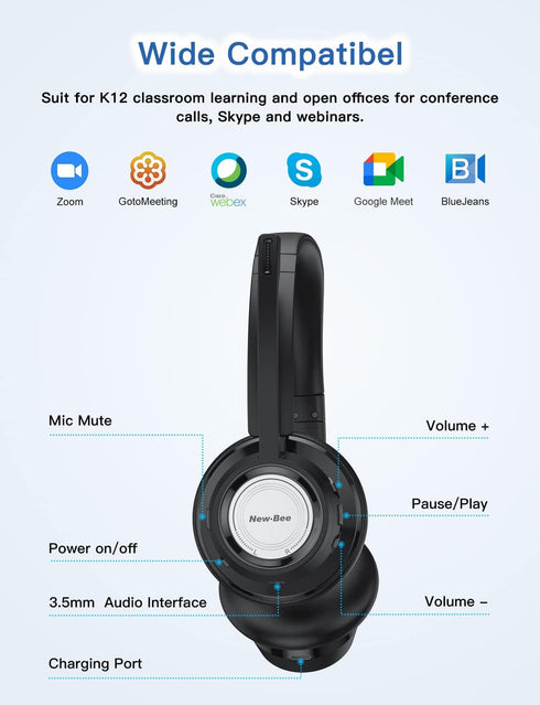 New bee Wireless Headset with Noise Cancelling Microphone, 20hrs Talk Time & Mute Button for Work/PC/Office/Zoom
