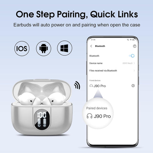 Wireless Earbuds, Bluetooth Headphones HiFi Stereo, 40H Playtime, 2024 Bluetooth 5.3 with LED Power Display