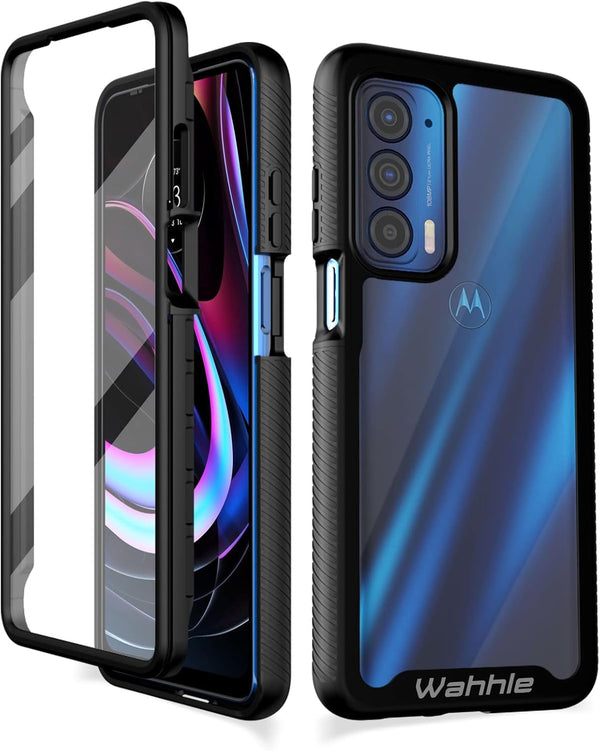 wahhle Motorola Edge 5G UW Case, Built-in Screen Protector, Full Body Shockproof Slim Fit Cover - Black/Clear