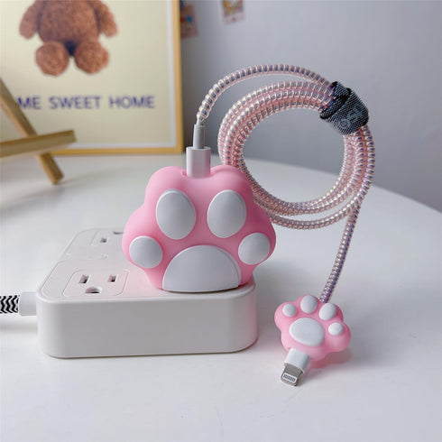 3D Cute Cartoon Charger Protector Case - Compatible for Apple 20W USB-C Power Adapter and Lightning Cable (Pink Cat's Claw)
