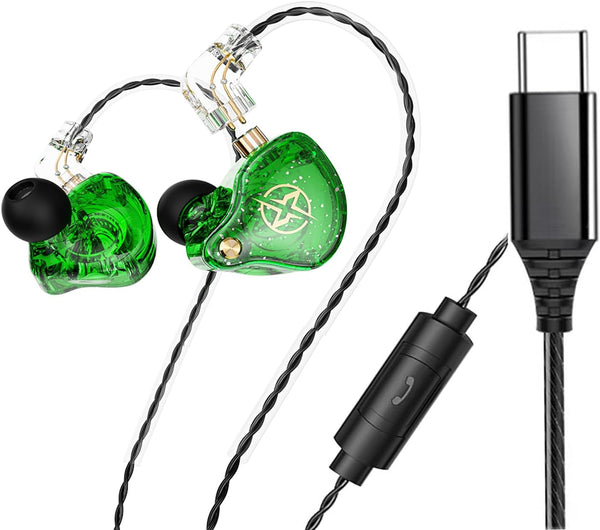 FEDAI DX2 USB C Headphones, Noise Isolating In-Ear Earbuds for Running/Gym/Workouts, Green with Mic