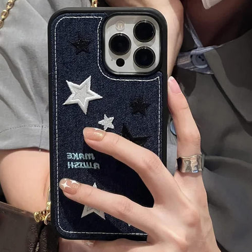 Casechics Compatible with iPhone Case,Cool Denim Fabric Embroidery Star Silicone Camera Lens Protection Soft Shockproof Cover Phone Case (Blue,iPhone 14)