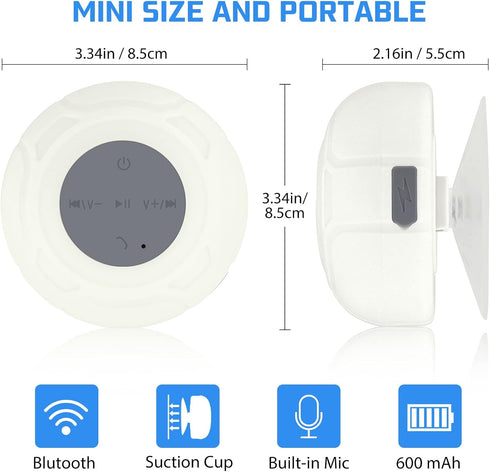Waterproof Bluetooth Shower Speaker, Portable Wireless Water-Resistant Speaker with Built-in Mic, Suction Cup for