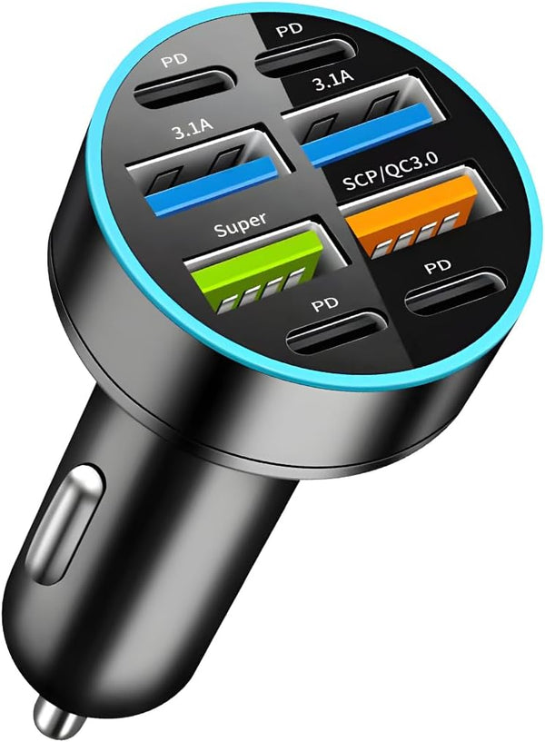 8 Ports 66W Car Charger - 12-24V Super Fast Charging with USB 3.1A PD&QC 3.0 for All Smartphones