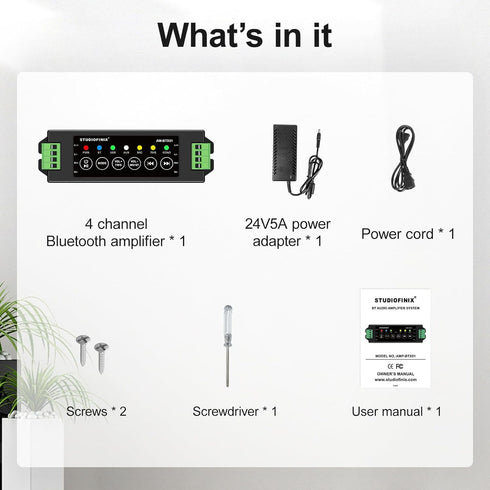 STUODIOFINIX 4-Channel Mini Bluetooth Amplifier 120w for Passive Speakers, TWS, AUX, MIC, USB,