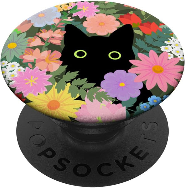 PopSockets Grip and Stand for Phones and Tablets - Black Cat Hiding in Spring Flowers