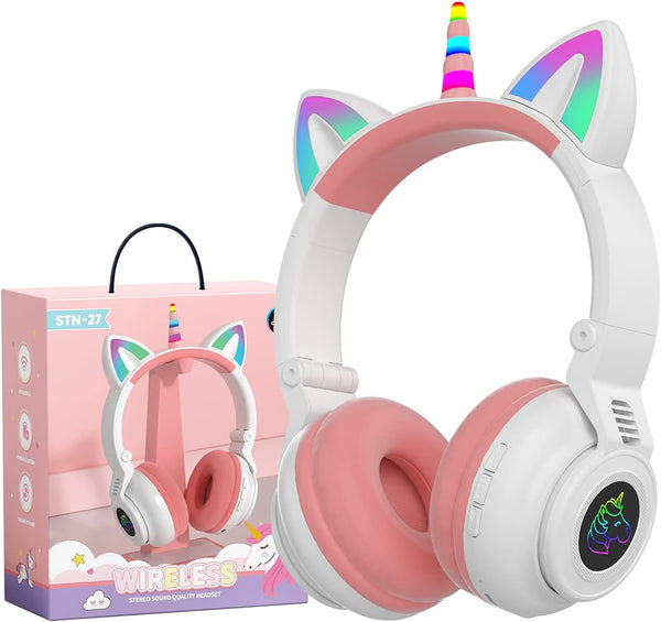 Unicorn Kids Headphones for Girls, Foldable Bluetooth Headphones for Toddlers, Light Up Wireless Headphones for