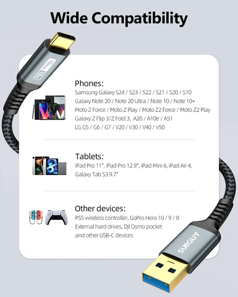 SUNGUY 10Gbps USB C Cable, 1.5FT, 3A Fast Charge & Data Transfer, Compatible with iPhone 15, Galaxy S23, SSD.