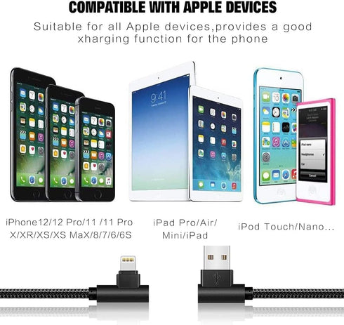 MFI Certified iPhone Cable 5 Pack (3/3/6/6/10FT) - Nylon Braided, 90° Elbow Fast Charger for iPhone 12, 11 Pro Max, XR,