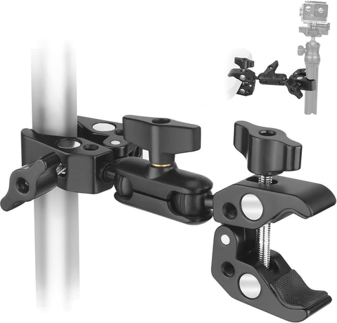 Double Clamp Mount Bracket with 360° Ballhead Magic Arm, Super Clamp for Umbrella, Tripod, and Light Stand