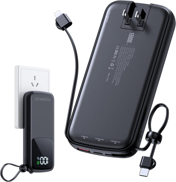 Portable Charger Power Bank 15000mAh, PD30W Fast Charger, Built-in AC Wall Plug and 2 Output Cables with LED Display