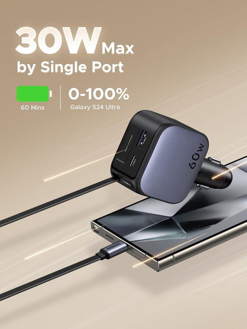 UGREEN 60W 2C1A 3-Port 30W 17/16/15, S25/S24, 12V Car Charger with Retractable Cable, Fast Charger with PD USB-C