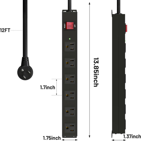 KF 6 Outlet Metal Wall Mount Power Strip, 2200J Surge Protection, 15A/1875W with Upgraded Switch and 12FT Cord